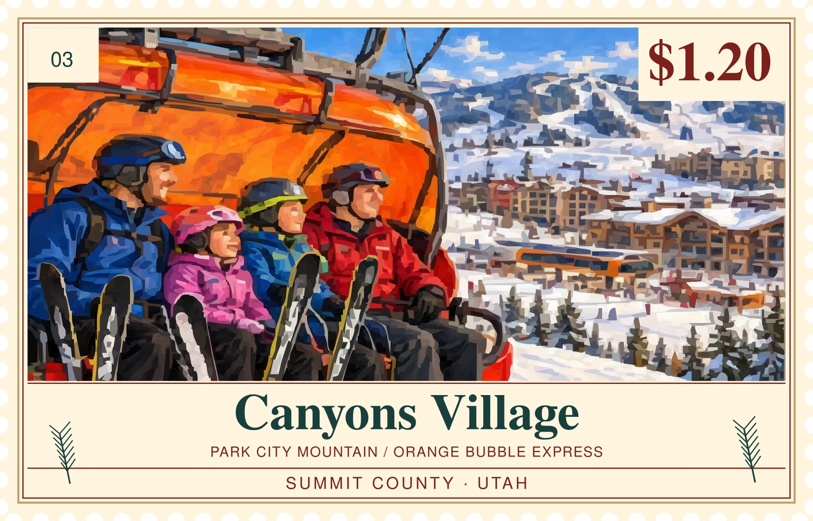 Original illustrated Ski Country stamp: canyons village