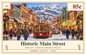 Original illustrated Ski Country stamp: historic main street