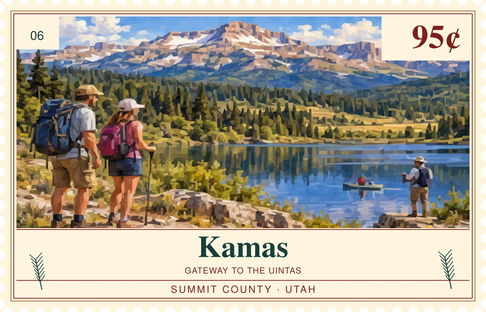 Original illustrated Ski Country stamp: kamas
