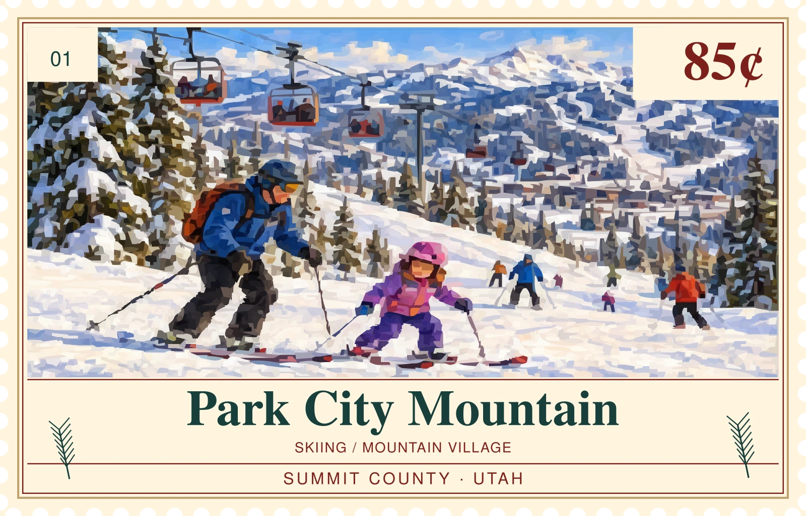 Original illustrated Ski Country stamp: park city mountain