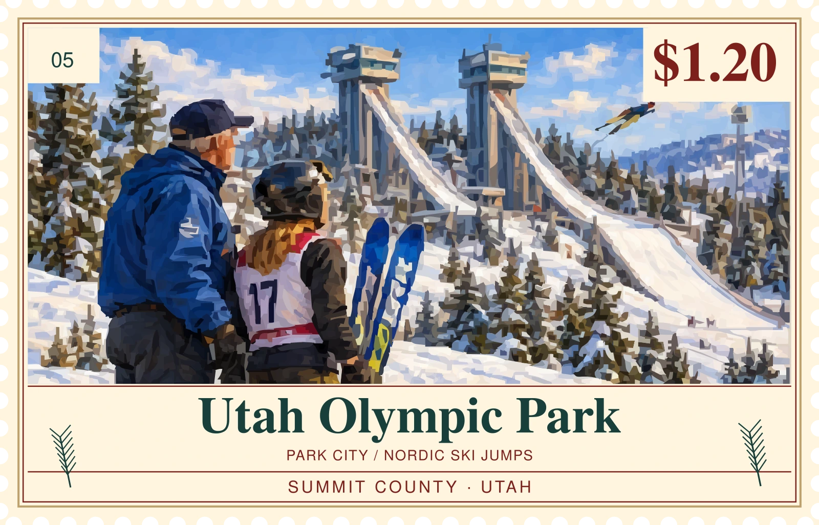 Original illustrated Ski Country stamp: utah olympic park